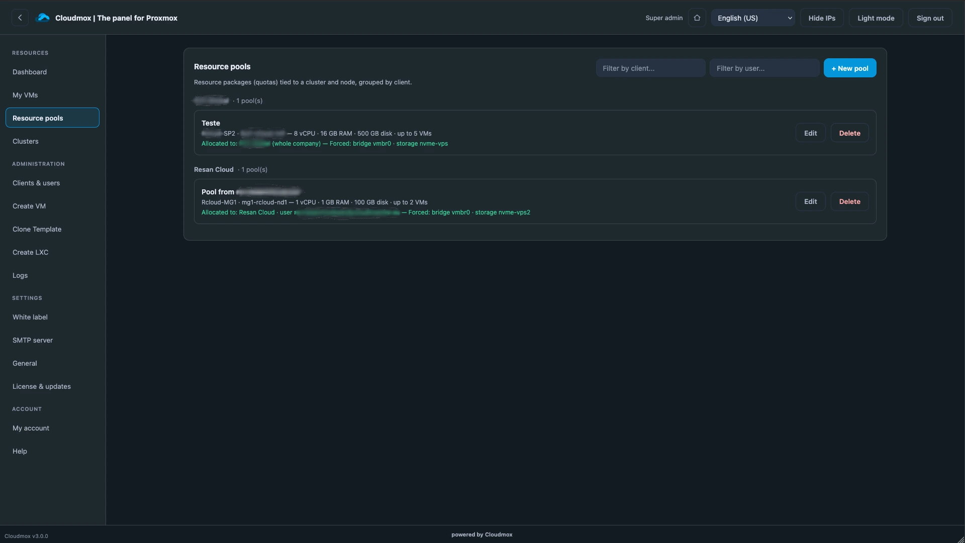 Limit resources in Proxmox with Cloudmox