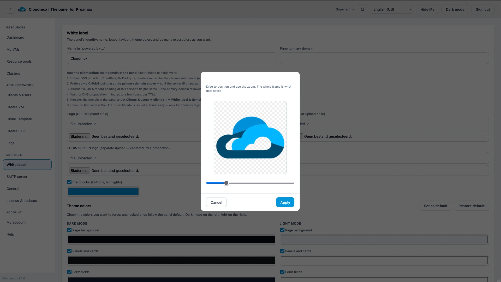 Whitelabel Proxmox panel with personal settings per company