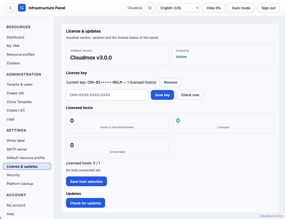 Screenshot of Cloudmox license settings