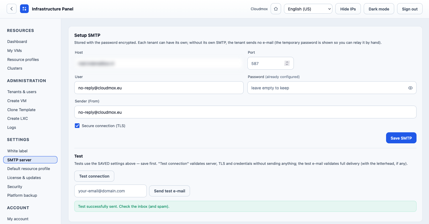 Screenshot of Cloudmox SMTP settings for outgoing server