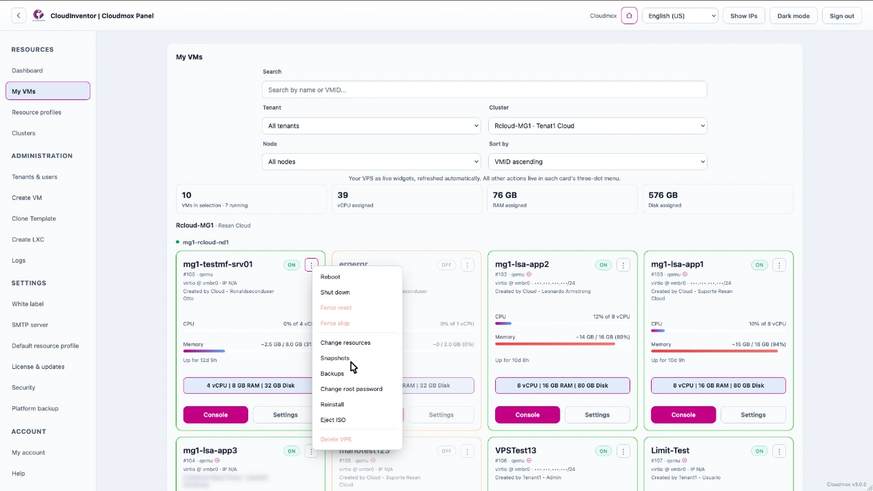Search and filter VMS and resource limits