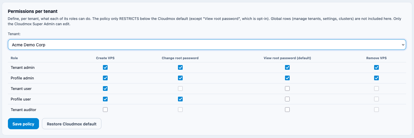 setting default rights in Cloudmox for Proxmox